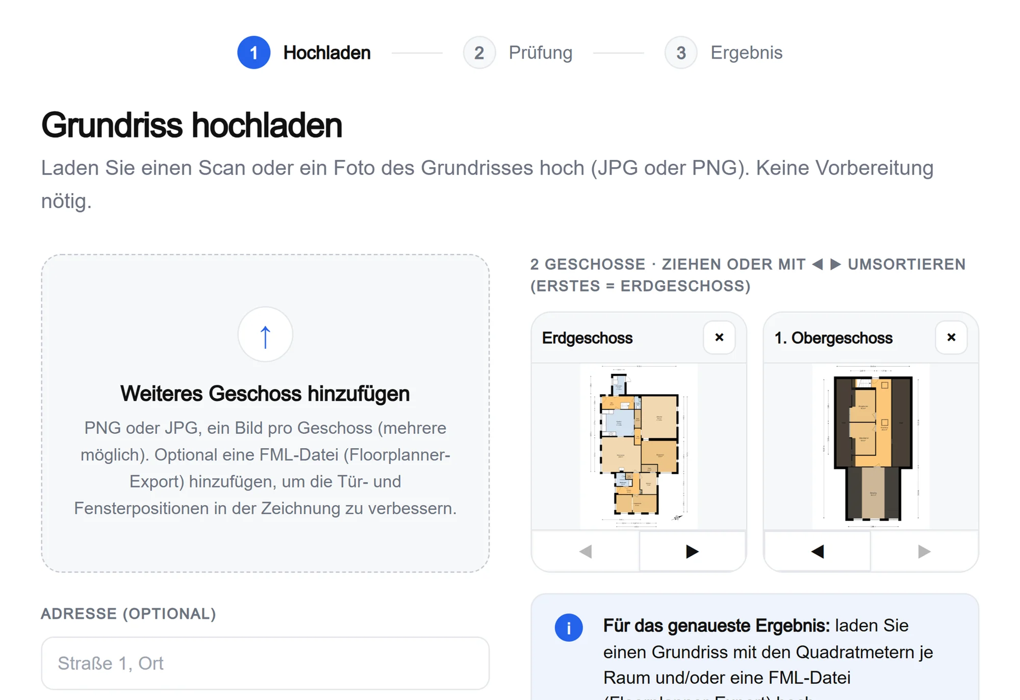 Schritt 1: Grundrisse hochladen, ein Bild pro Geschoss