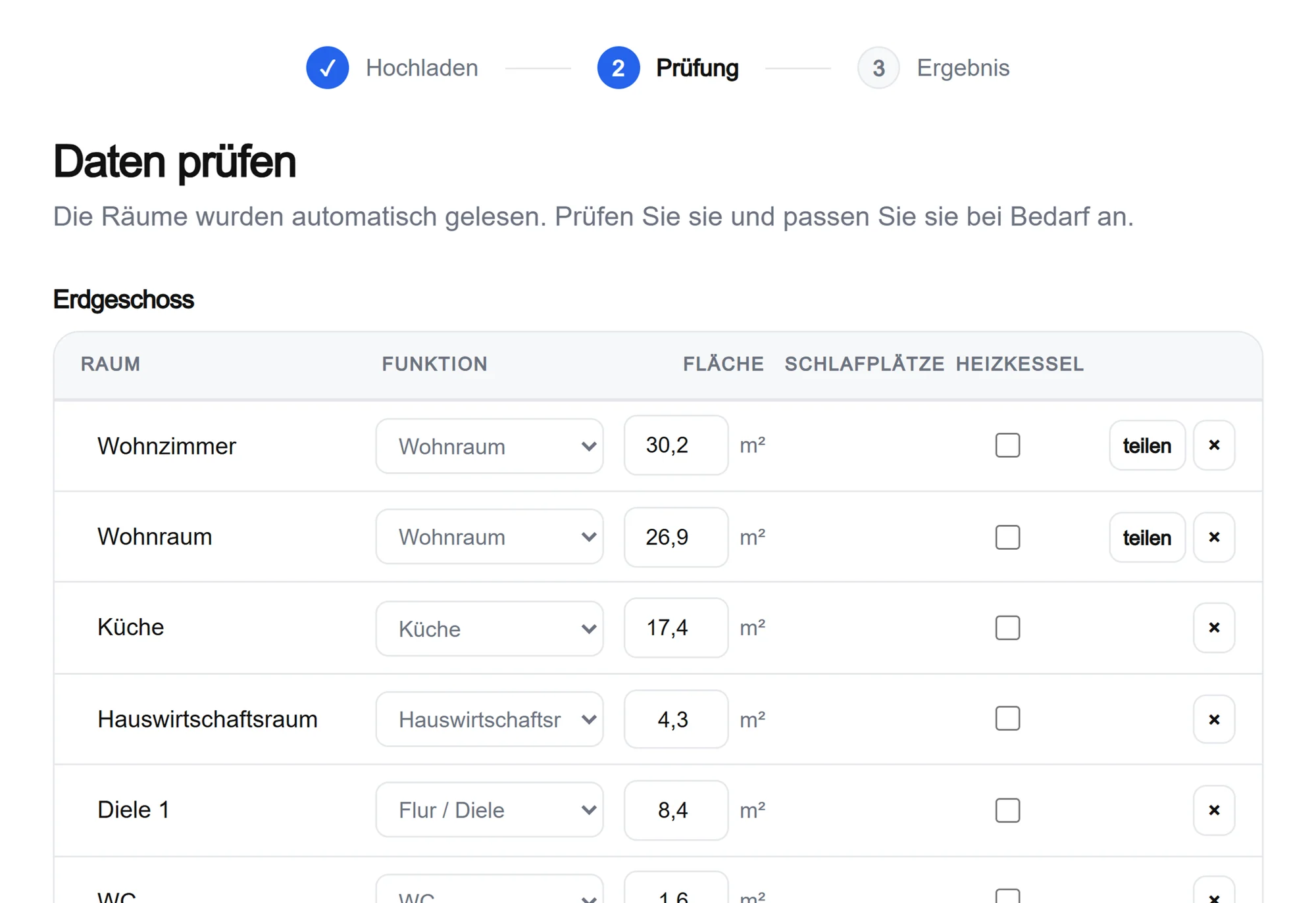 Schritt 2: die erkannten Räume mit Funktion und Fläche, bereit zur Prüfung