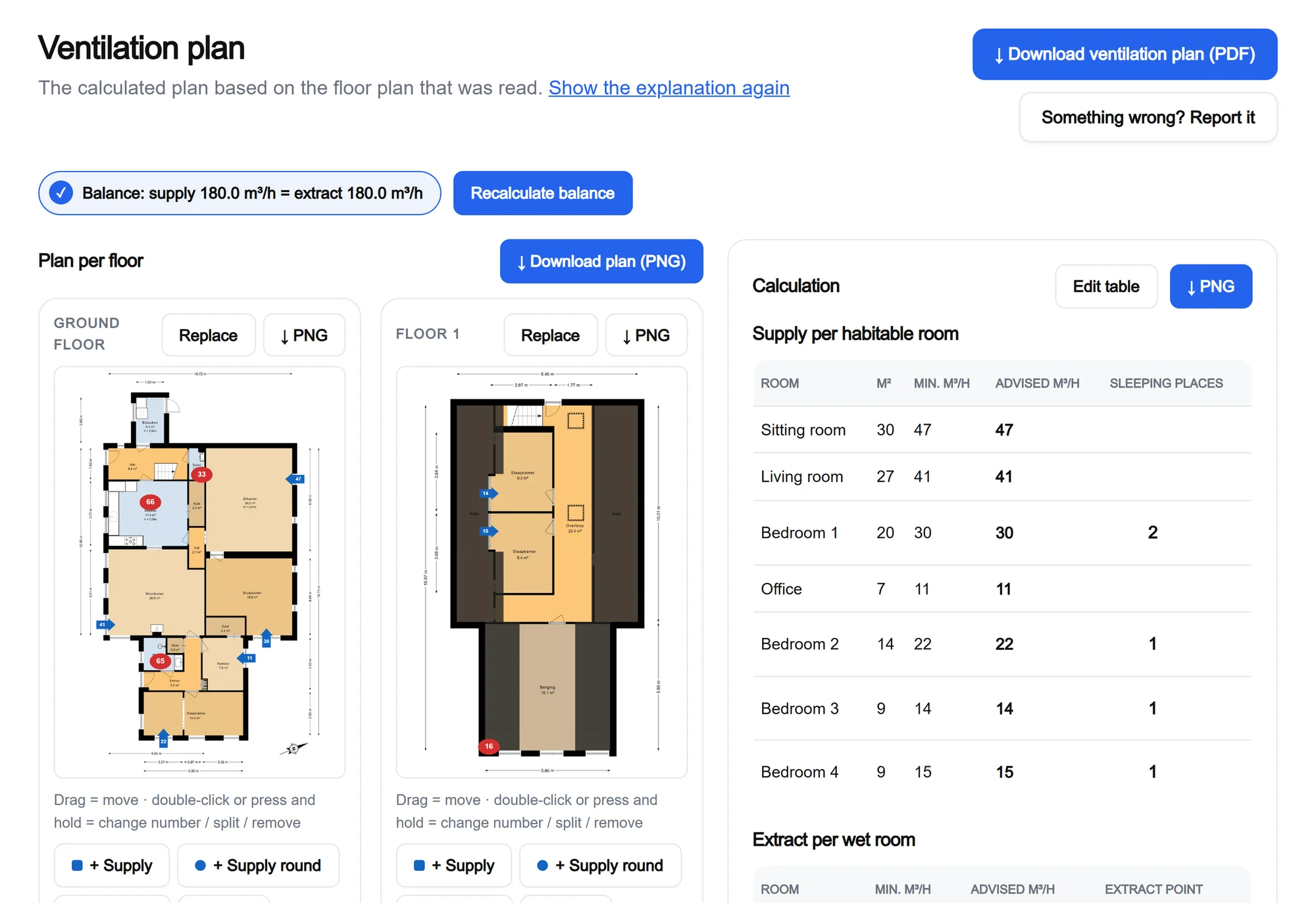 Step 3: the ventilation plan on the floor plan, with points you can drag