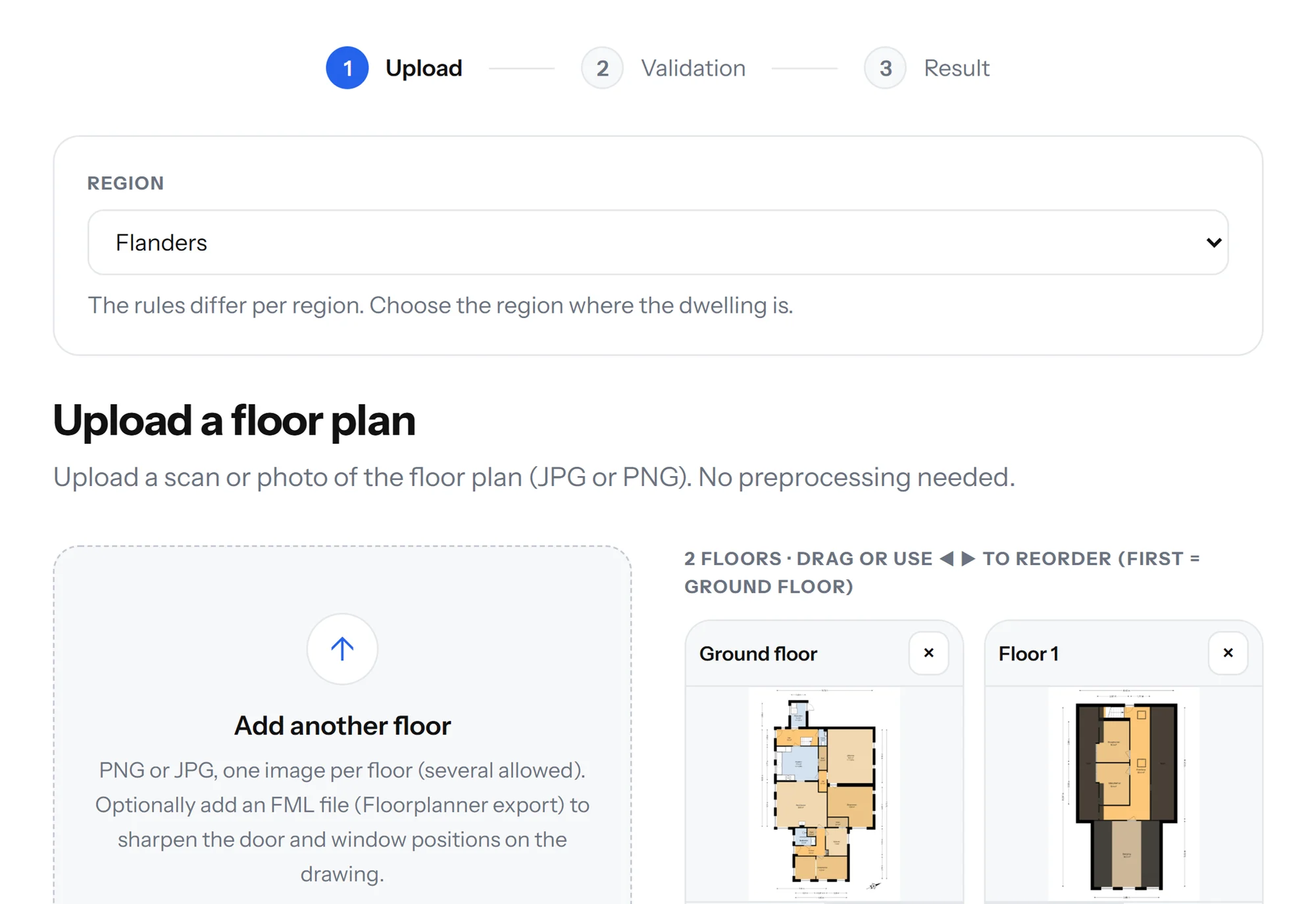 Step 1: drag or choose floor plans, one image per storey