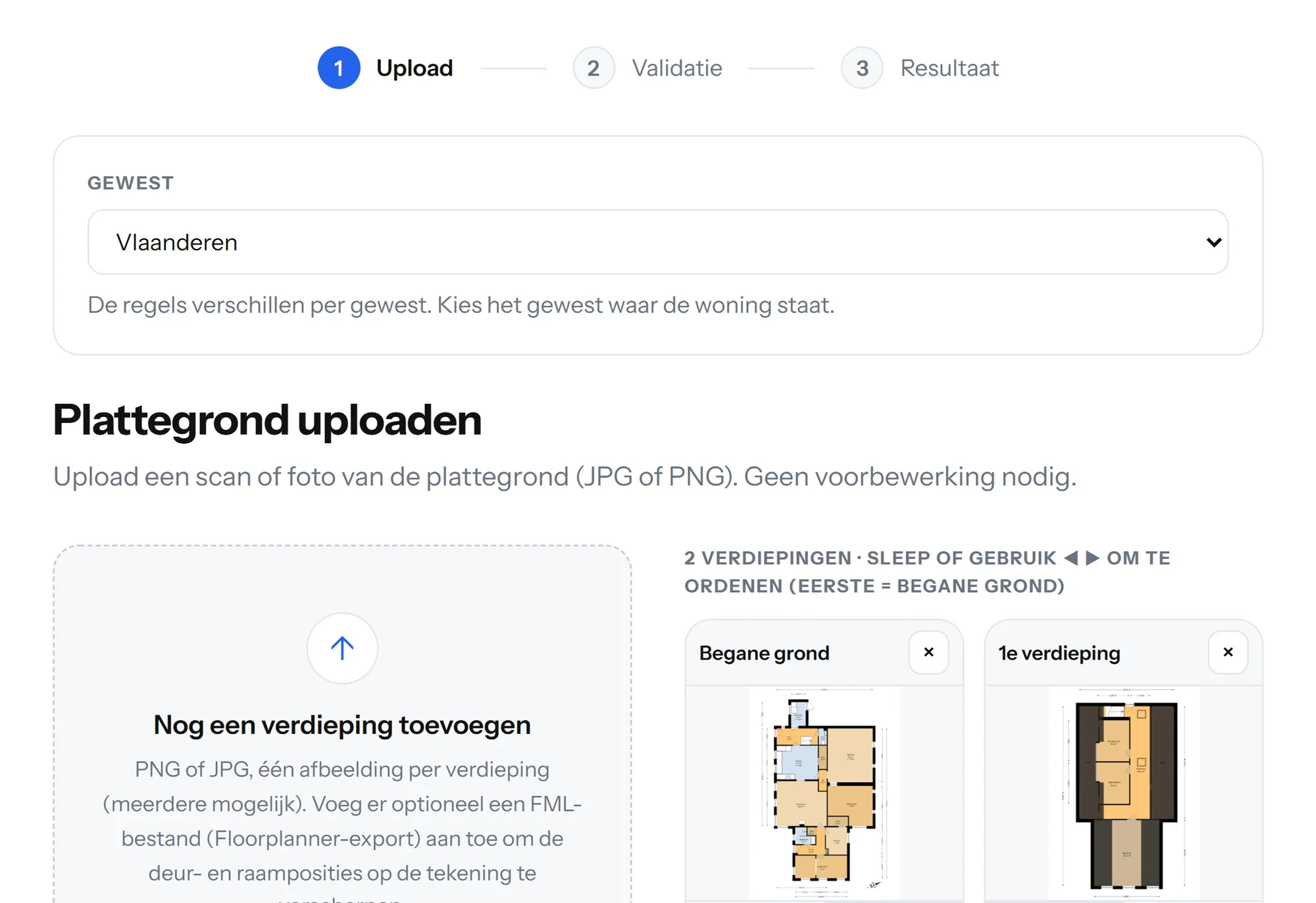 Stap 1: plattegronden slepen of kiezen, één afbeelding per verdieping
