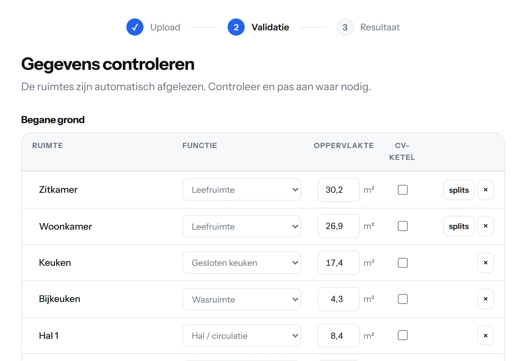 Stap 2: de afgelezen ruimtes met functie en oppervlakte, klaar om te controleren
