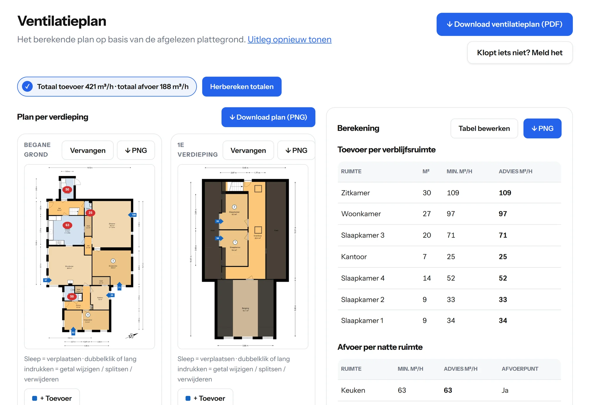 Stap 3: het ventilatieplan op de plattegrond, met toevoer- en afvoerpunten die je kunt verslepen