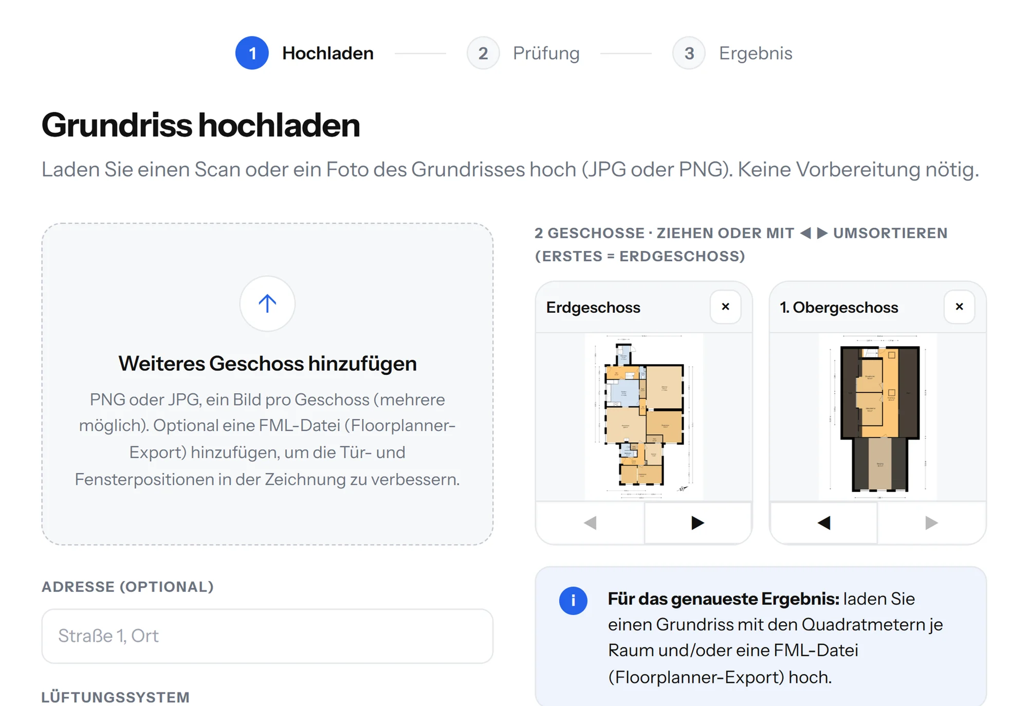 Schritt 1: Grundrisse hochladen, ein Bild pro Geschoss