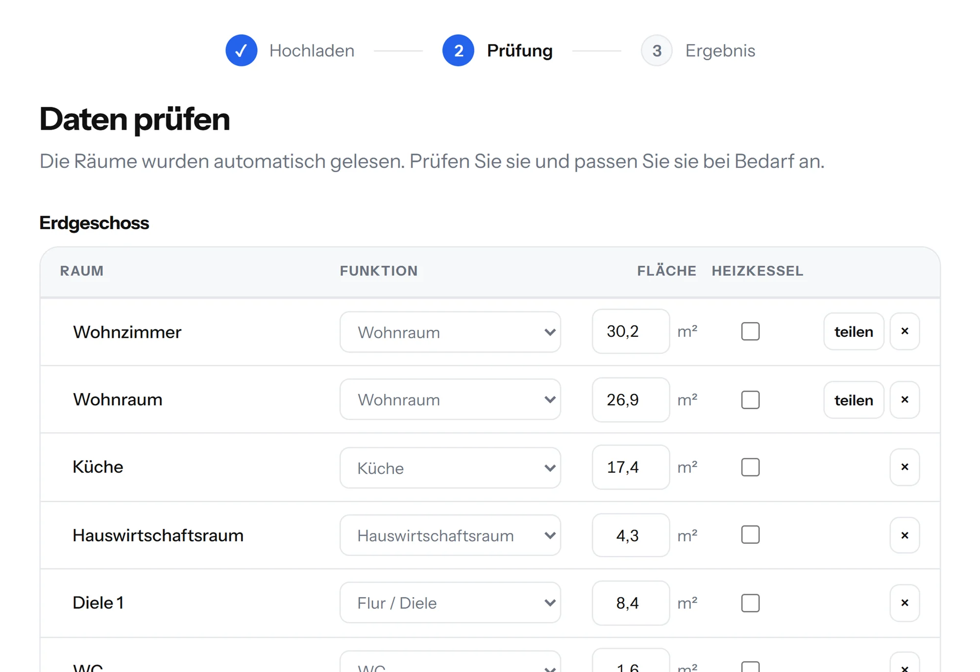 Schritt 2: die erkannten Räume mit Funktion und Fläche, bereit zur Prüfung