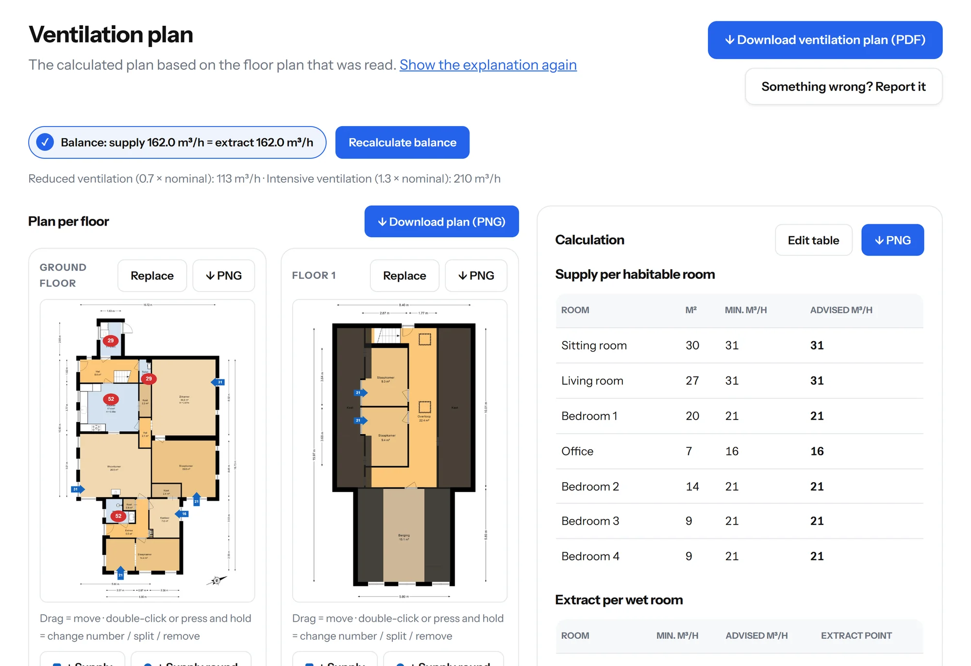 Step 3: the ventilation plan on the floor plan, with points you can drag