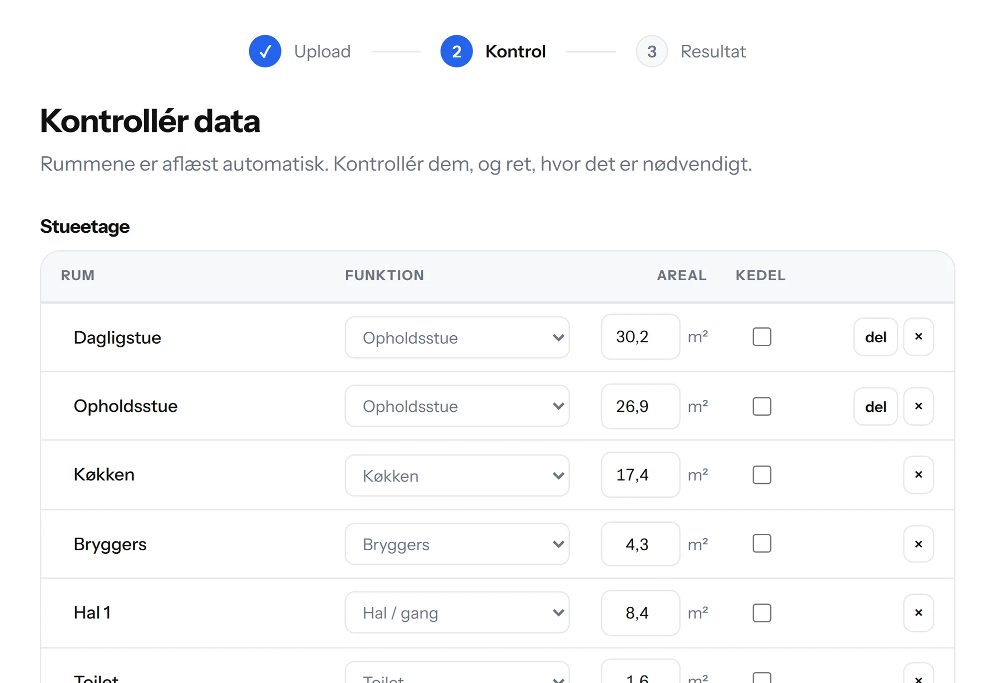 Trin 2: de genkendte rum med funktion og areal, klar til kontrol