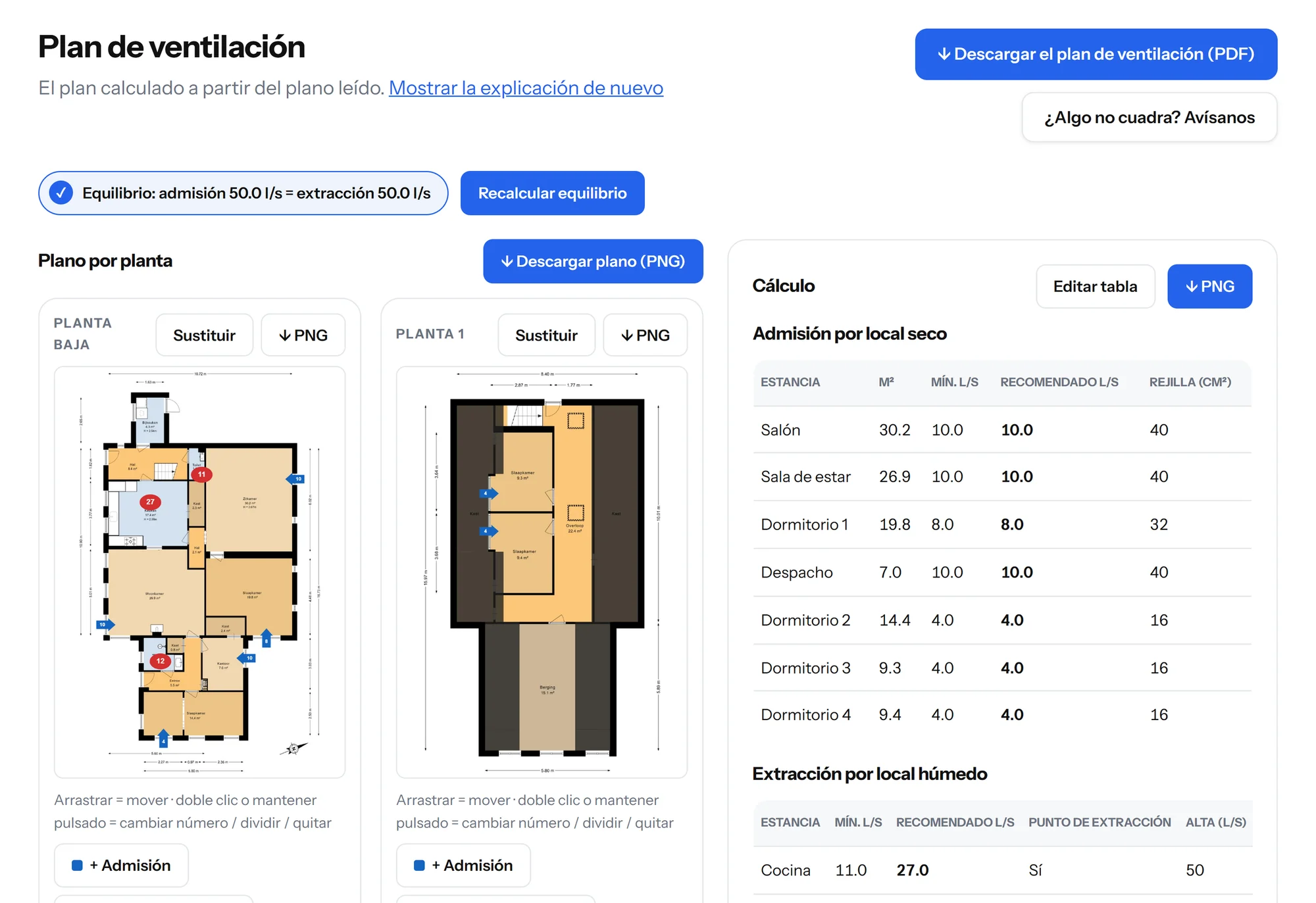 Paso 3: el plan de ventilación sobre el plano, con puntos que se pueden arrastrar