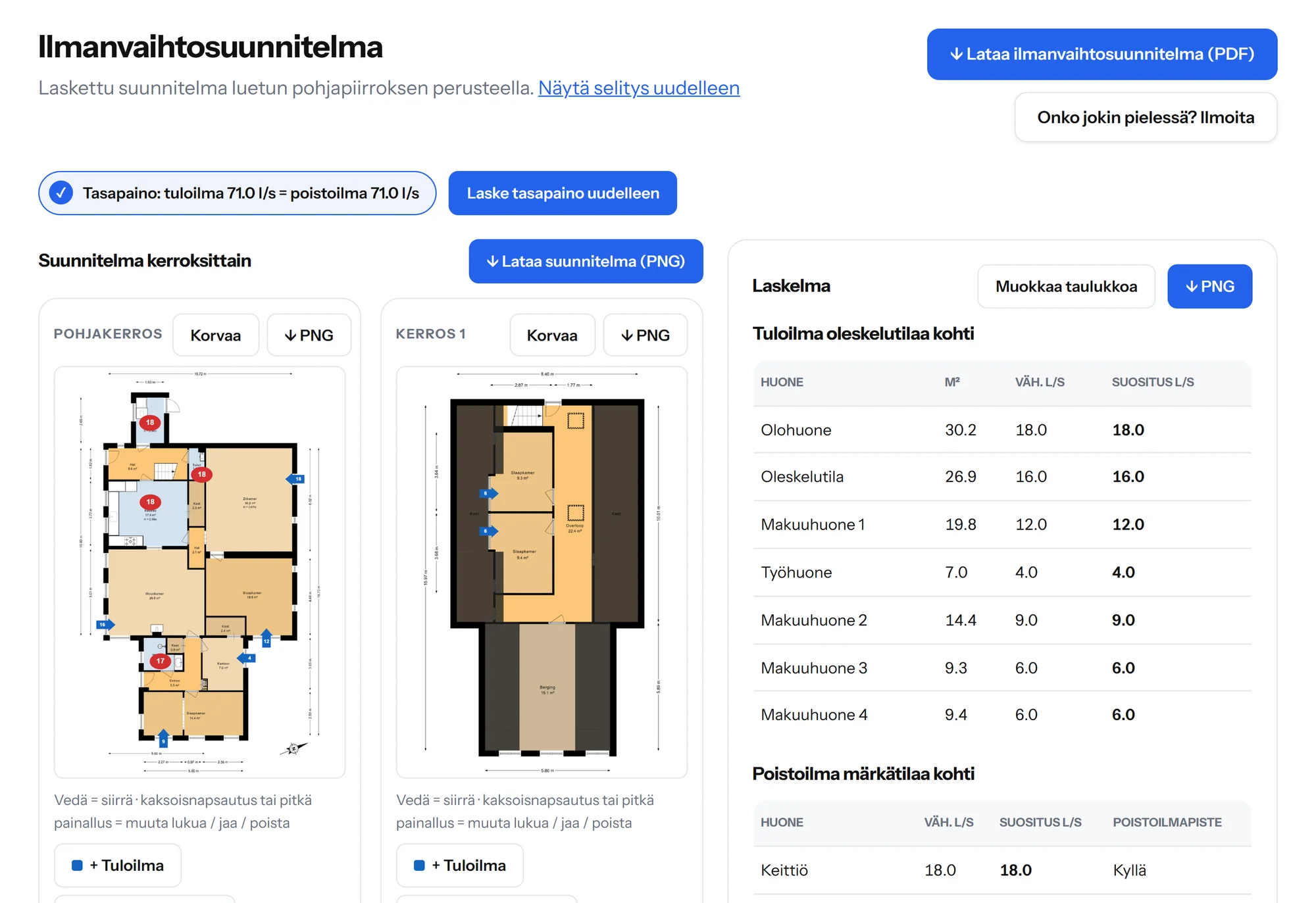 Vaihe 3: ilmanvaihtosuunnitelma pohjapiirroksessa, pisteet voi vetää