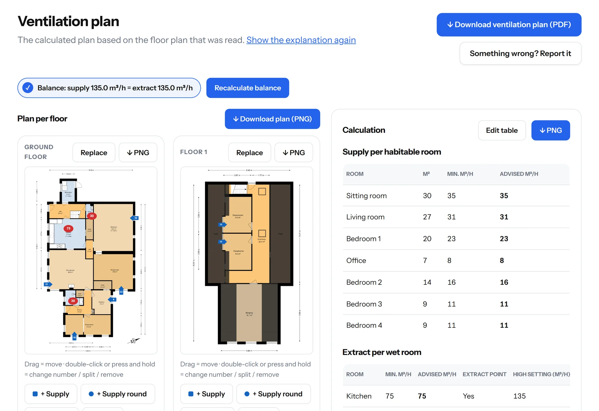 Step 3: the ventilation plan on the floor plan, with points you can drag
