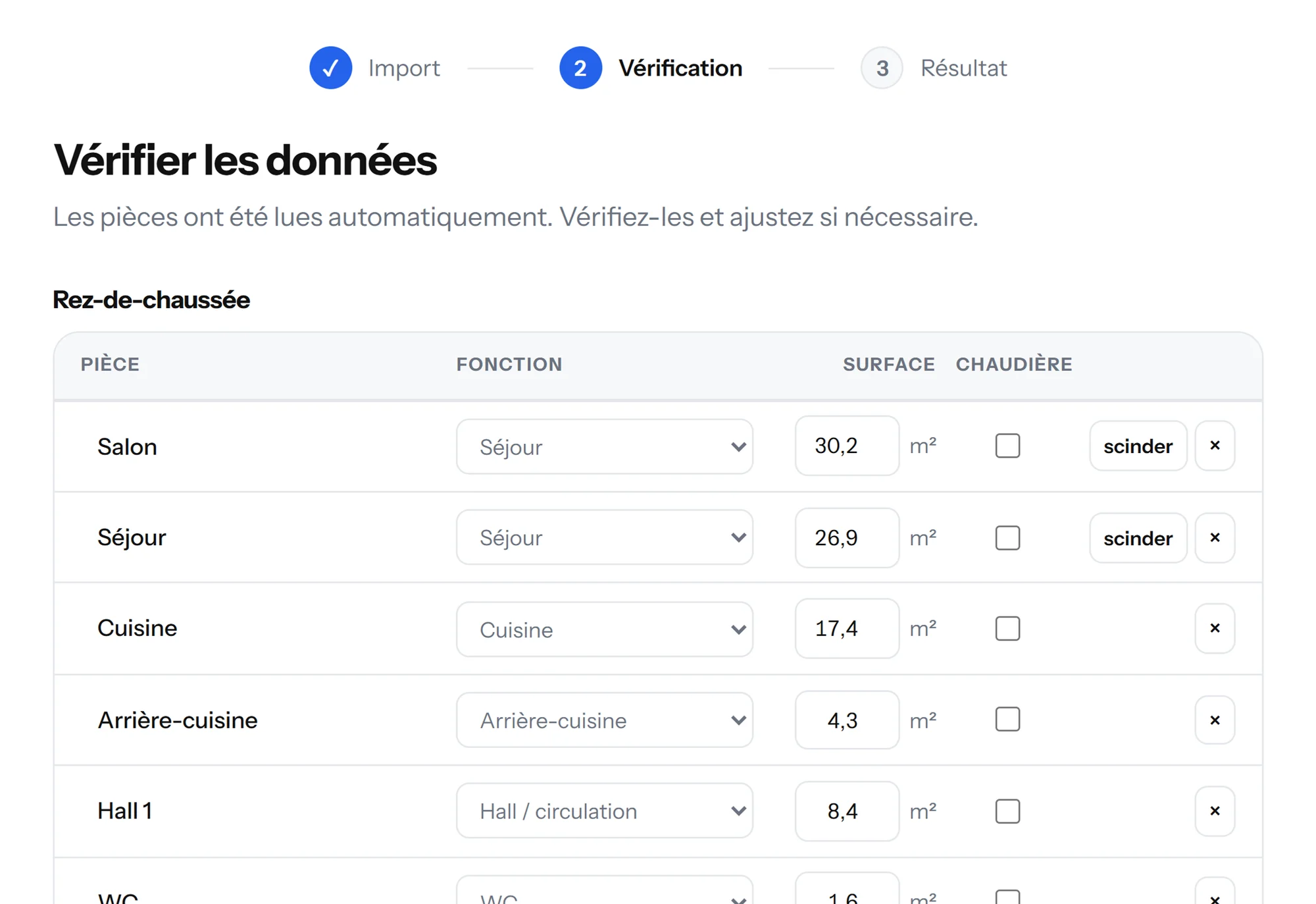 Étape 2 : les pièces reconnues avec leur fonction et leur surface, prêtes à être vérifiées