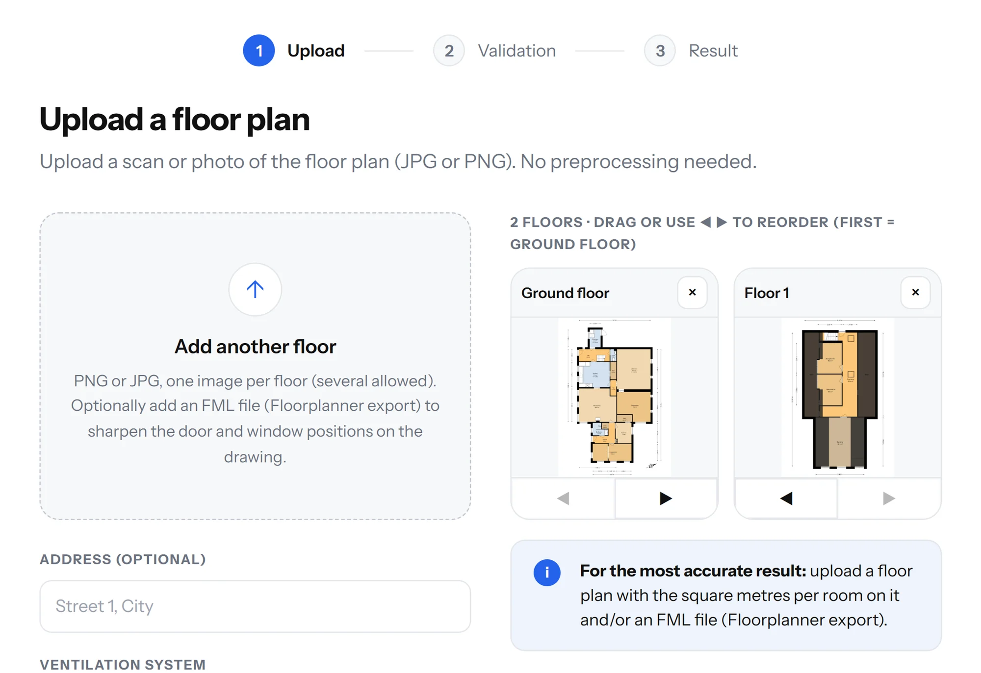 Step 1: upload floor plans, one image per storey