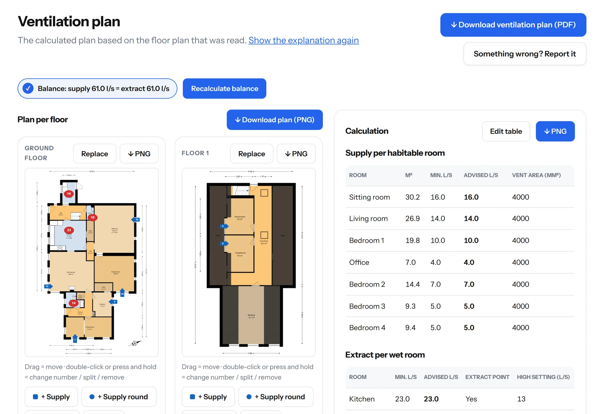 Step 3: the ventilation plan on the floor plan, with points you can drag