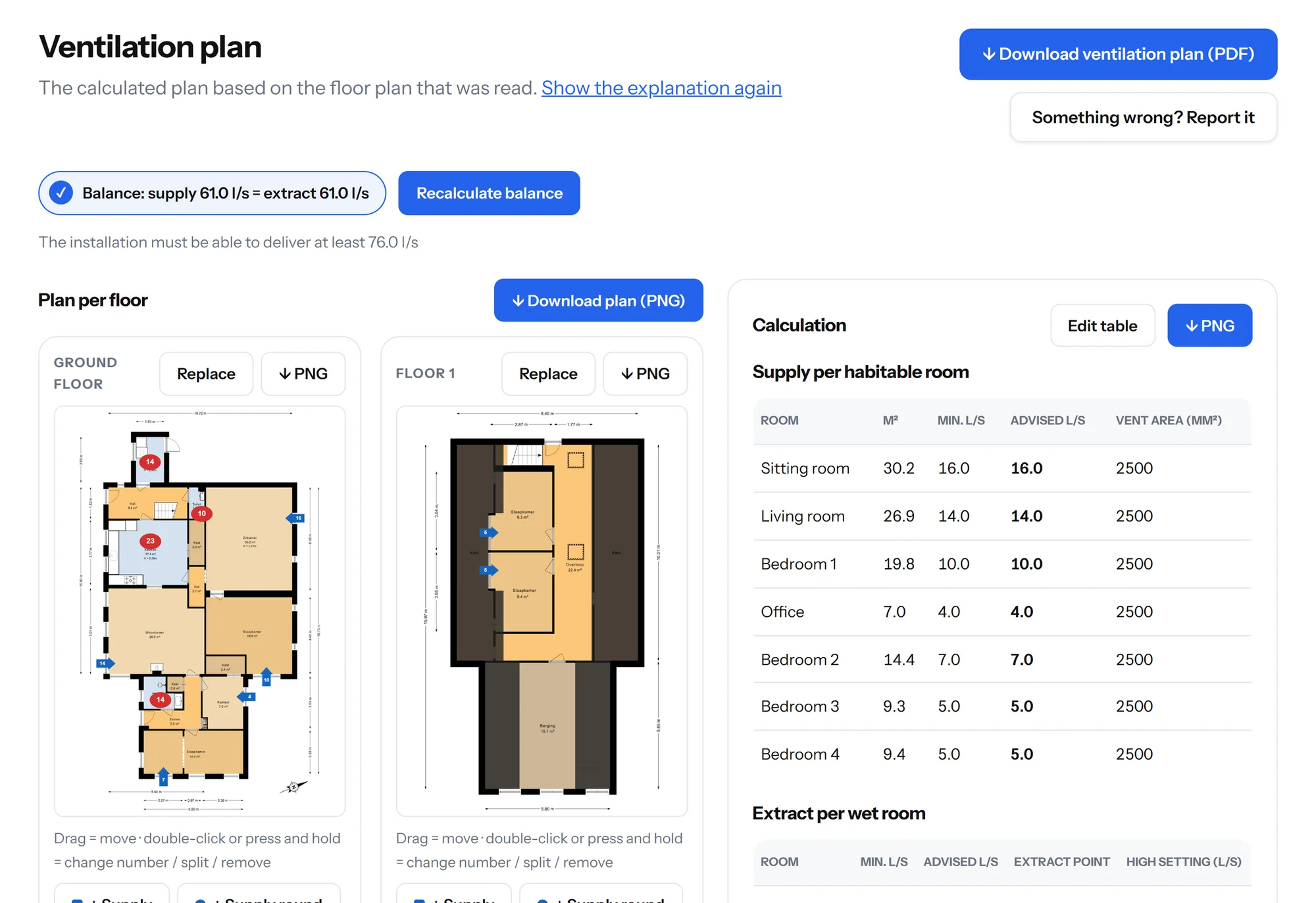 Step 3: the ventilation plan on the floor plan, with points you can drag
