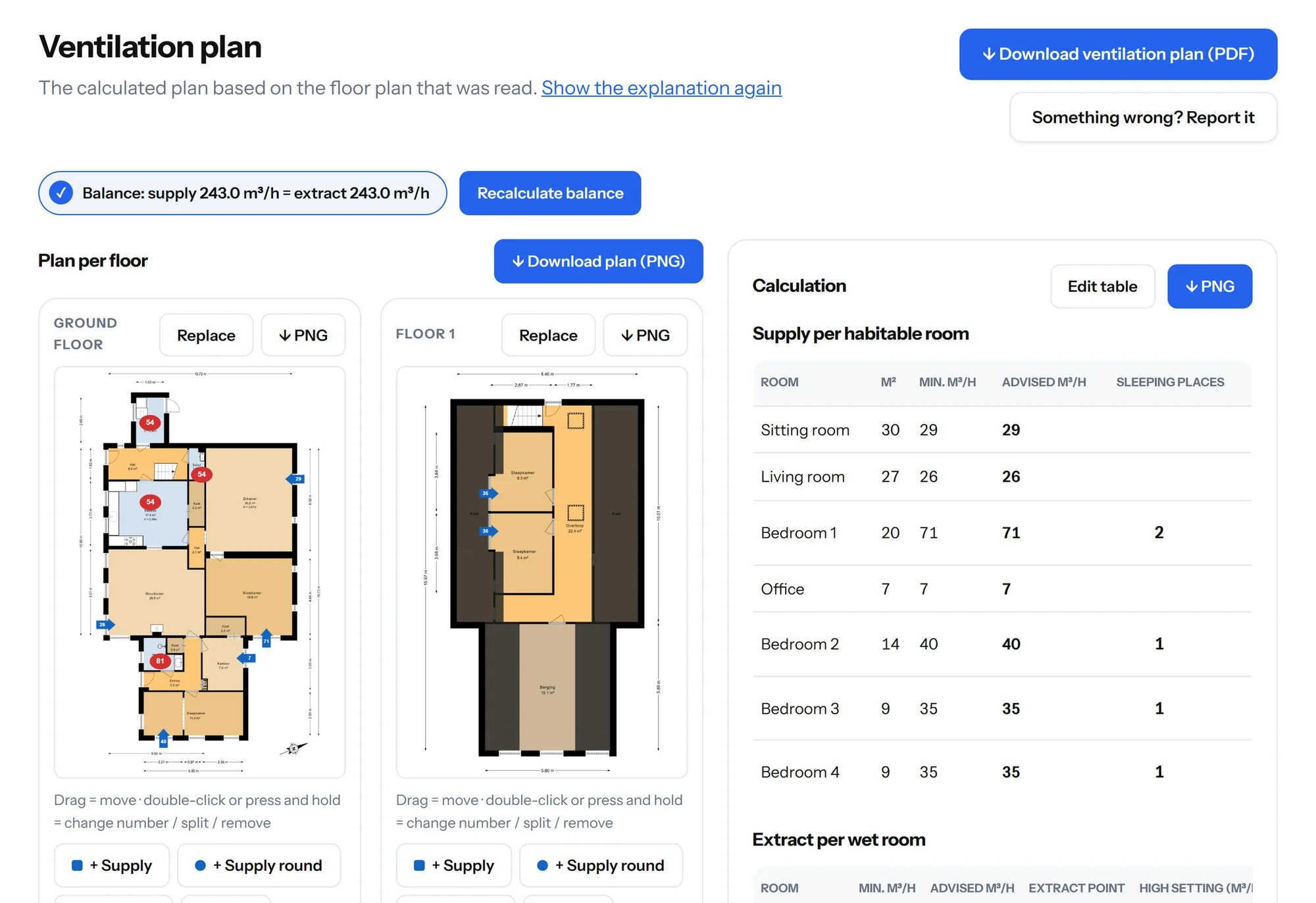 Step 3: the ventilation plan on the floor plan, with points you can drag