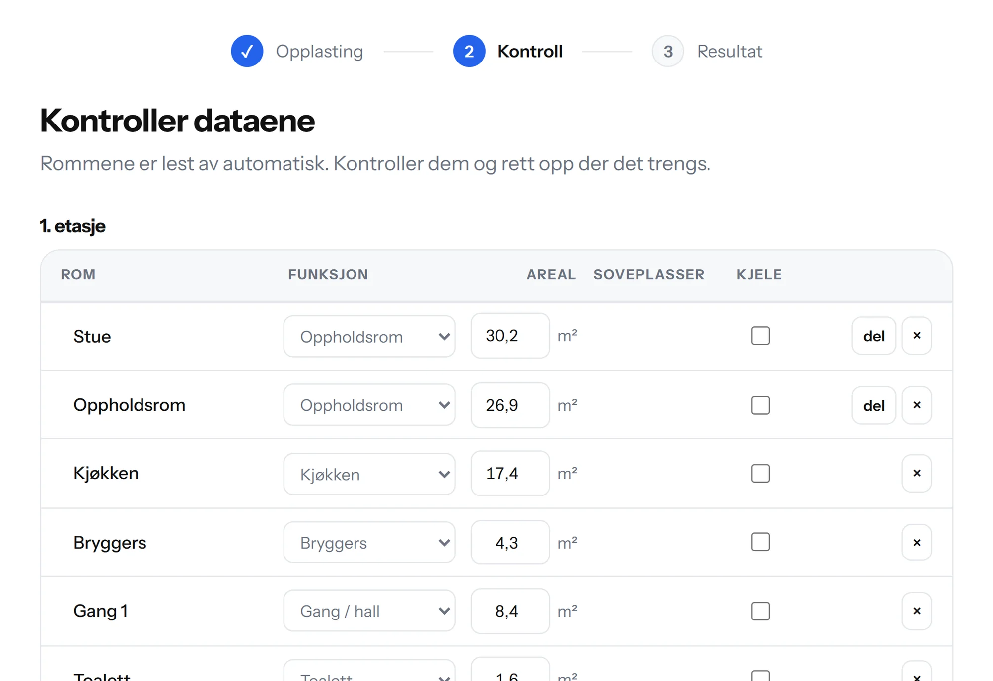 Trinn 2: de gjenkjente rommene med funksjon og areal, klare til kontroll