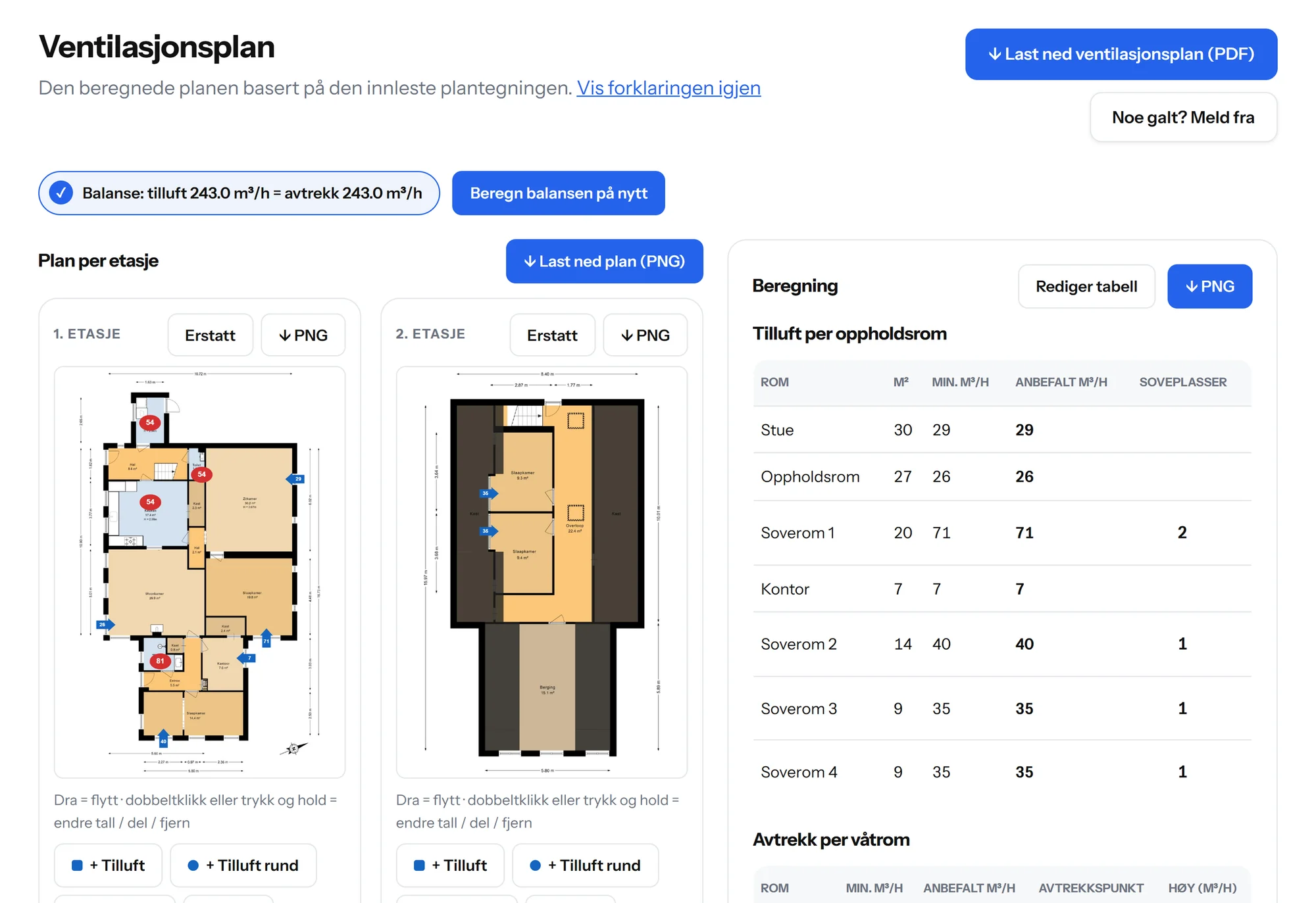 Trinn 3: ventilasjonsplanen på plantegningen, med punkter som kan dras