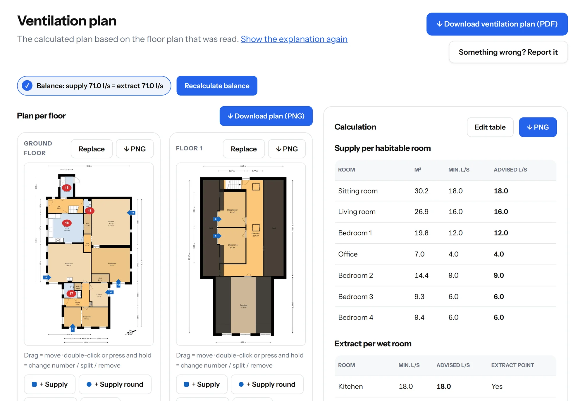 Step 3: the ventilation plan on the floor plan, with points you can drag