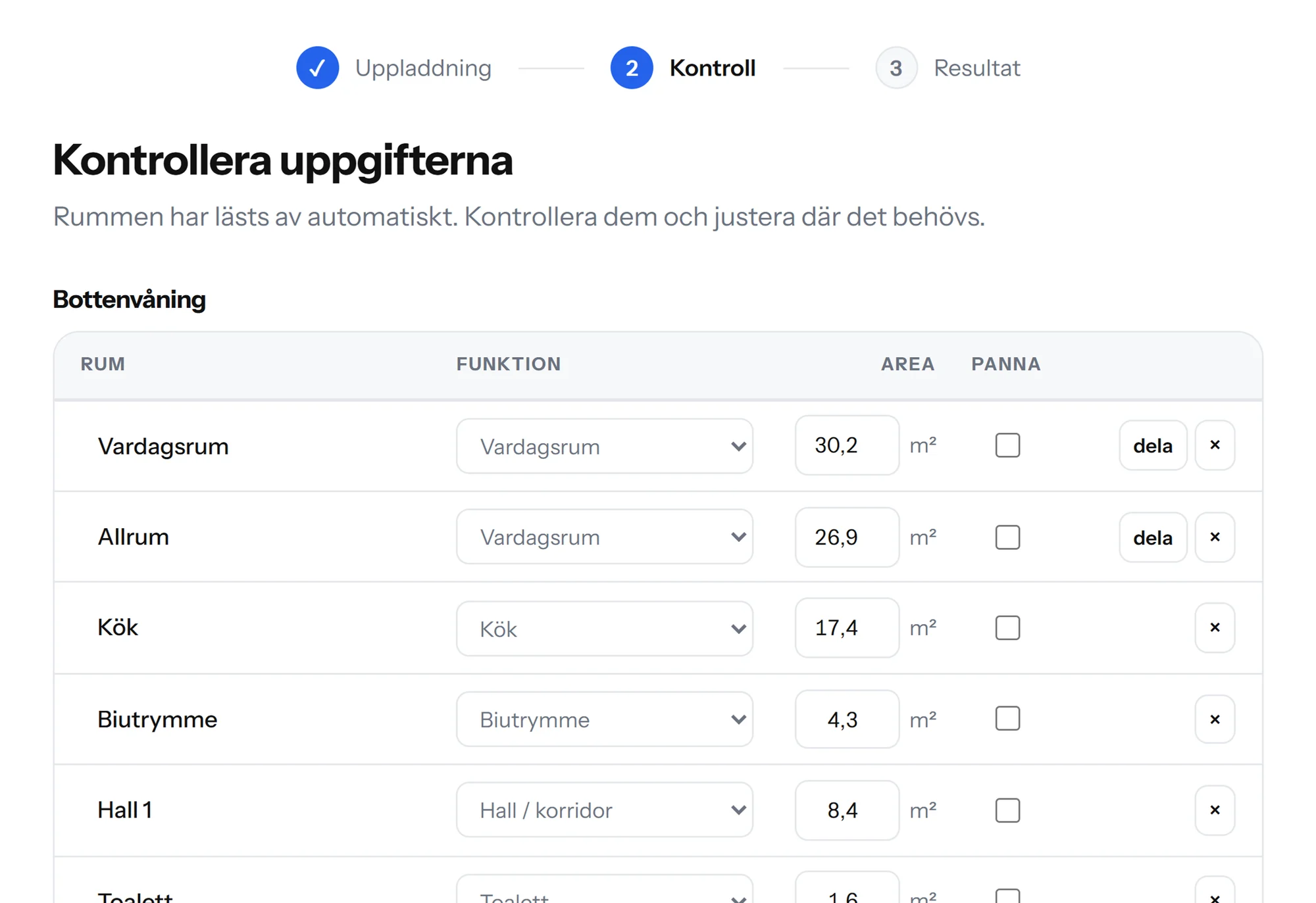 Steg 2: de igenkända rummen med funktion och area, redo att kontrolleras
