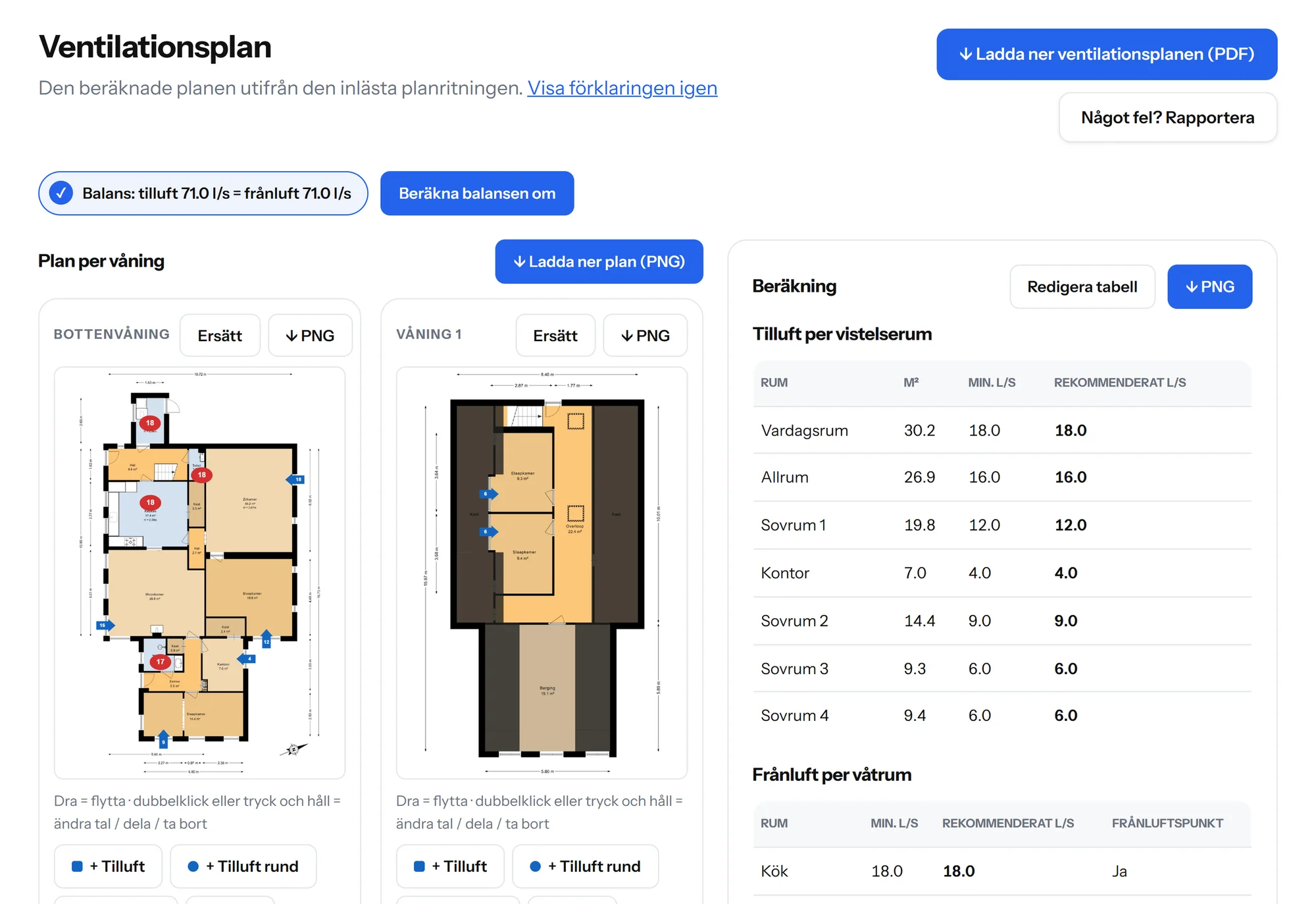 Steg 3: ventilationsplanen på planritningen, med punkter som kan dras